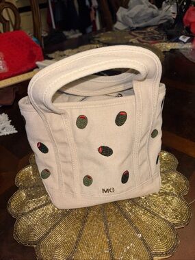 MG Embroidered Olive Mini Tote in Cream